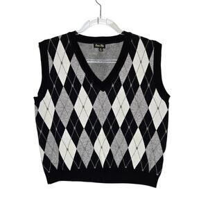Bee Free BLK/WHT/GRY Diamond Crop Sweater Vest Womens SZ MD Academia Preppy